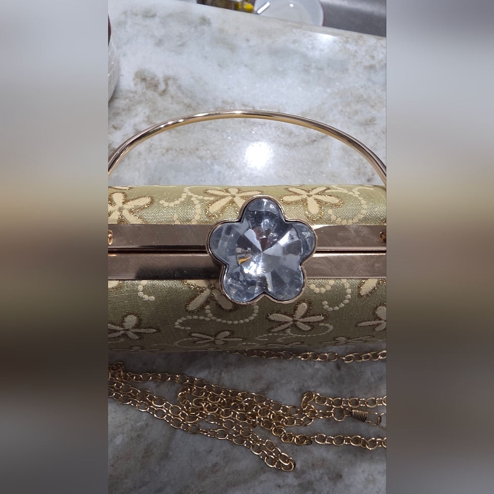 Gold Floral Box Clutch w/ Top Handle + Detachable Chain Strap - Picture 7 of 10